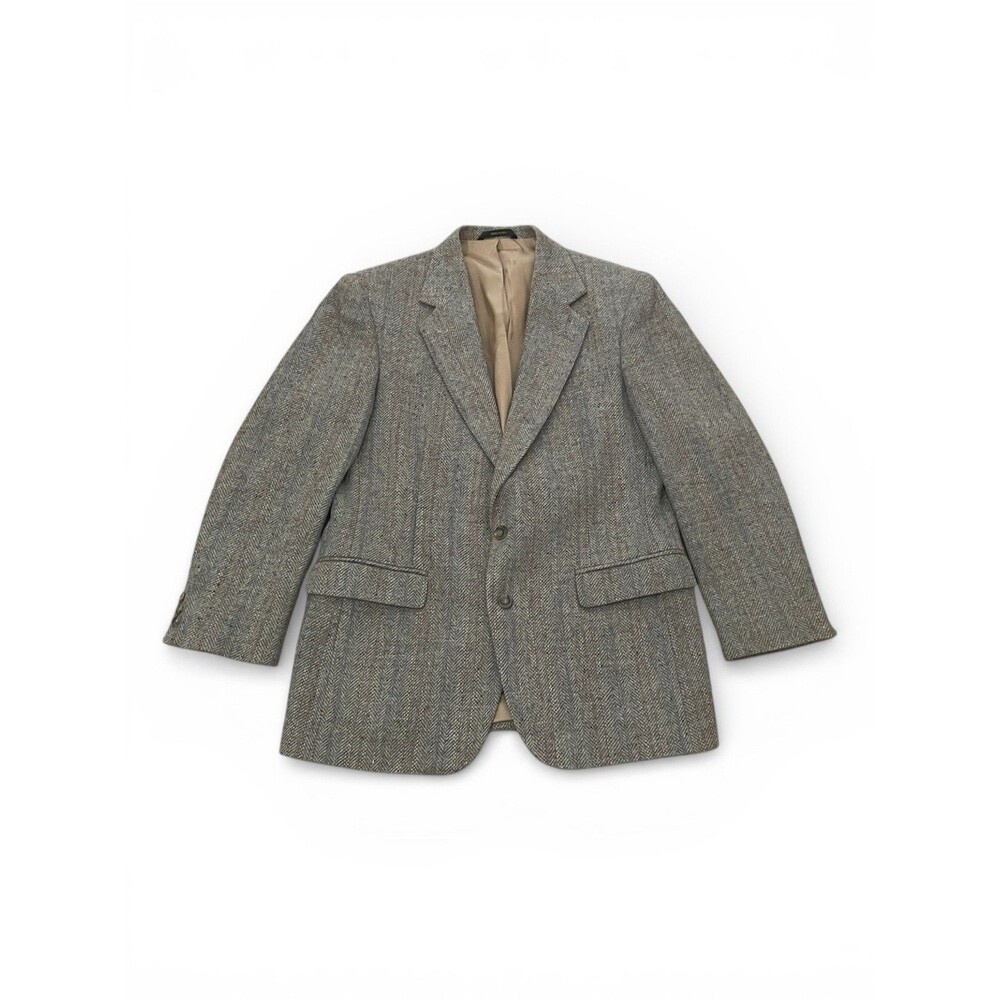 VTG Tweed Mens 40 Herringbone Pure Wool Blazer USA Sport Coat Gray Neutral